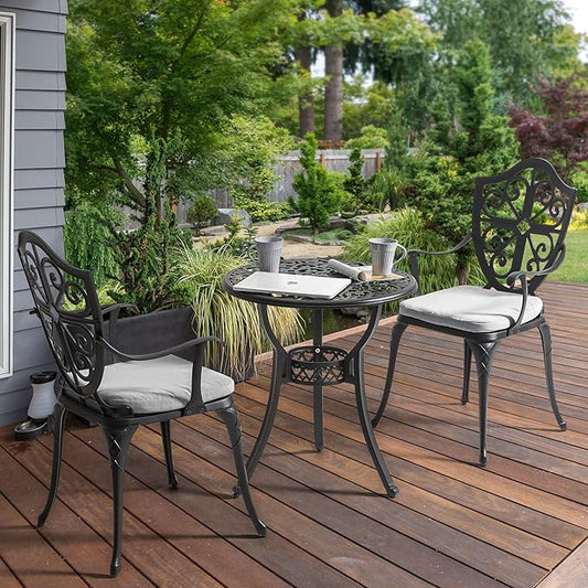 NUU GARDEN 3-Piece Cast Aluminum Bistro Set, Outdoor Patio Bistro Table and Chairs with Umbrella Hole and Grey Cushions, Black