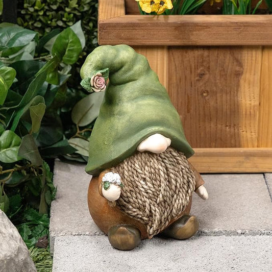 Alpine Corporation 10" Tall Outdoor Green Hat Gnome Statue, Offering Flower Sculpture Gift for Family, Weatherproof Garden Decor