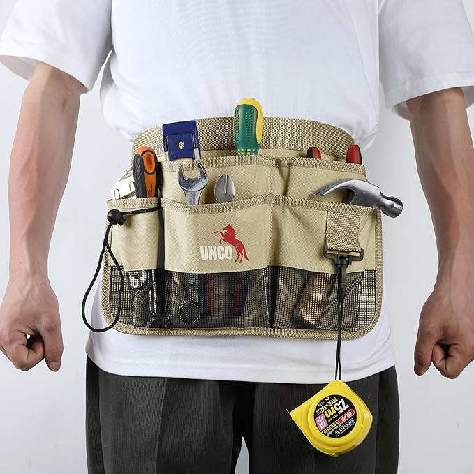UNCO- Adjustable Gardening Belt, Khaki, 7 Pockets, Wear, Cut and Water Resistant, Garden Tool Belt Pouch, Waist Apron with Pockets