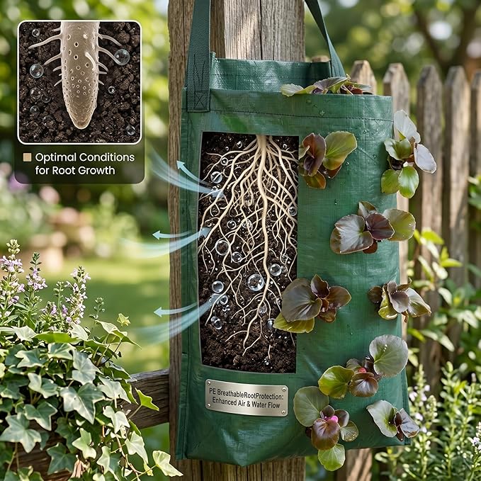 Strawberry Tower, 3 Pack Strawberry Hanging Planter, 8-Pocket Pe Grow Bags, Vertical Upside Down Planter for Indoor Outdoor Balcony Wall Gardening