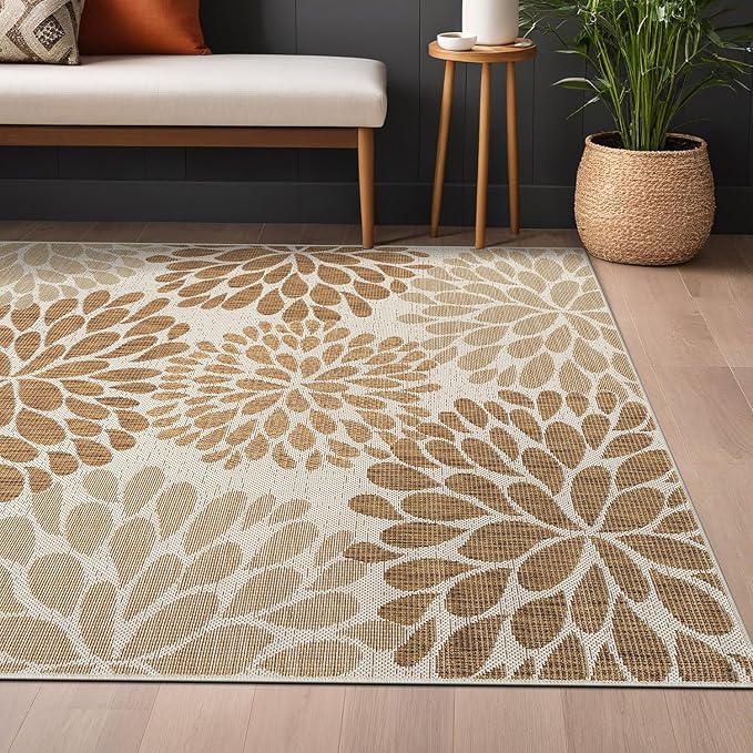 Beverly Rug Outdoor Rug 5x7 Modern Exotic Tropical Leaf Area Rugs for Indoor and Outdoor Patio Deck Porch Garden Water Resistant Washable Outside Carpet (5 x 7 Beige)