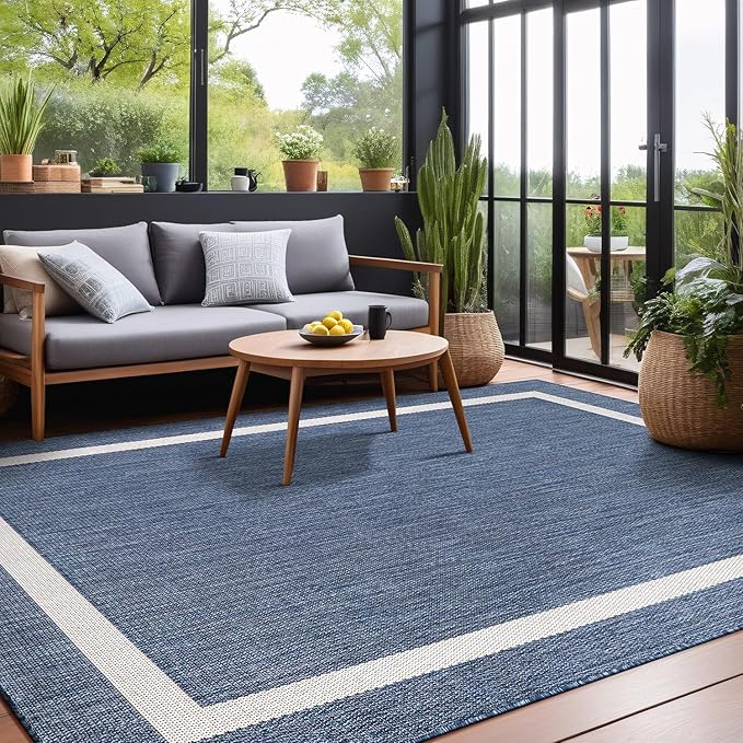 Bordered Outdoor Rug 6x9 Washable Outside Carpet for Indoor Patio Porch Waterproof Easy Cleaning Non Shedding Area Rugs Blue 6 x 9