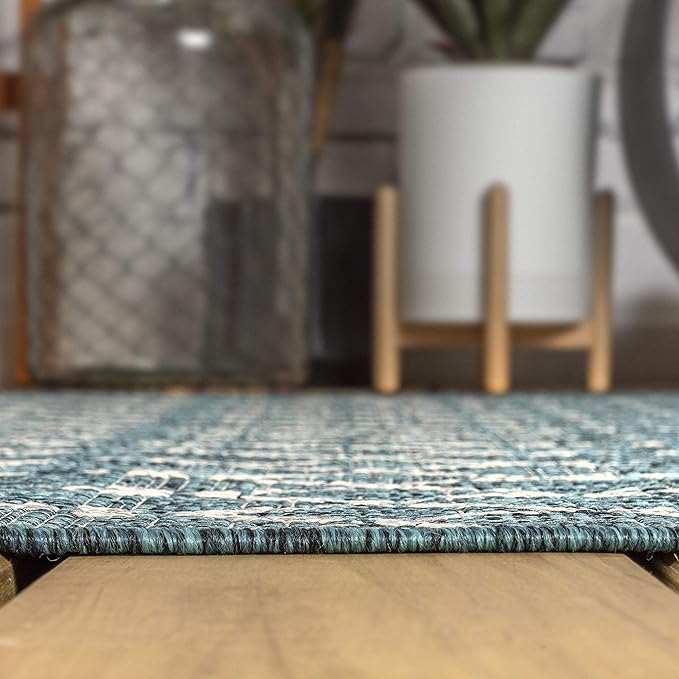 JONATHAN Y Moroccan Geometric Indoor Outdoor Runner Rug 2X10 Teal/Gray, Ourika Textured Weave for Backyard, Patio, Porch, Easy-Cleaning, High Traffic, Pet-Friendly, Non-Shedding (SMB108C-210)