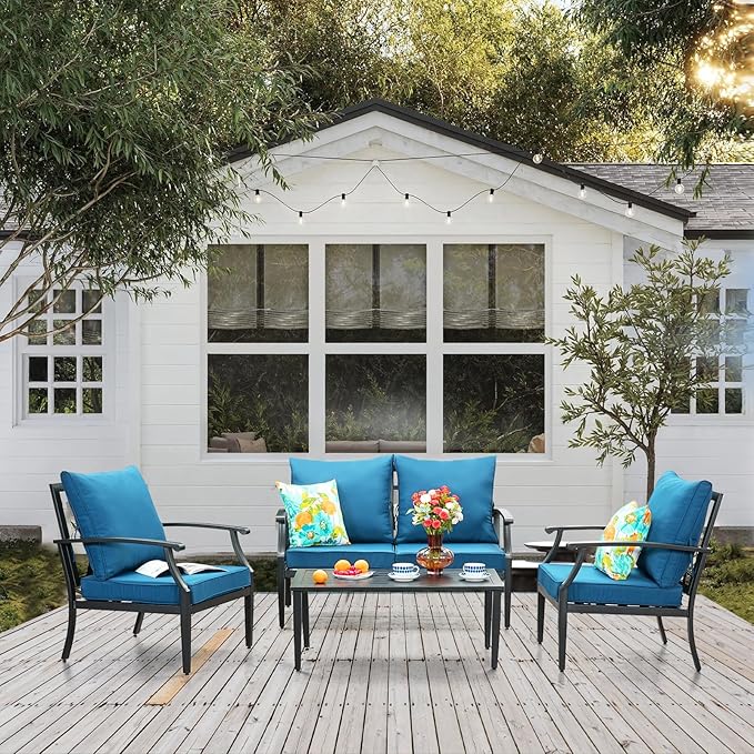4 Pieces Patio Furniture Set w/loveseat,Coffe Table,Outdoor Conversation Metal Sofa with High Back and Thick Cushion,for Backyard,Garden,Peacock Blue