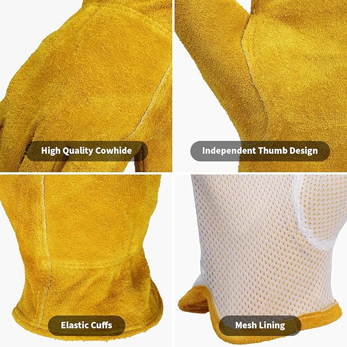 Leather Gardening Gloves for Men Women: Thorn Proof Cowhide Work Gloves for Yard Work Rose Pruning Heavy Duty