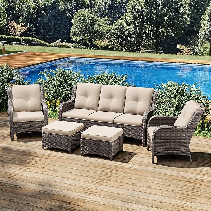 Joyside Patio Furniture Set 5-Piece Wicker Outdoor Furniture Conversational Set with 3-Seat Sofa, 2 Armchairs, 2 Ottoman Patio Rattan Wicker Sectional Sofa Set with Olefin Cushions(Mixed Grey/Beige)