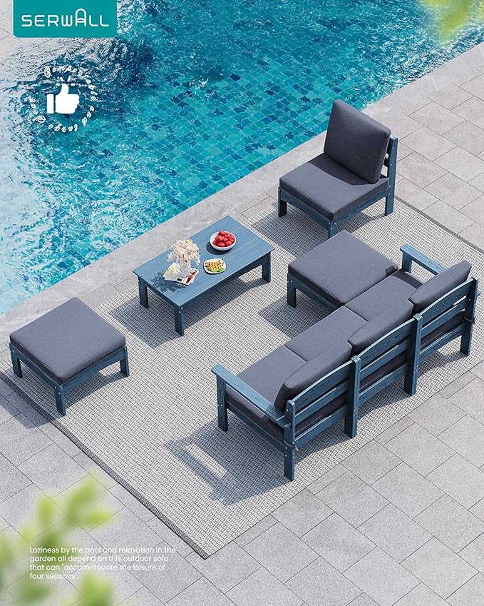 SERWALL 7 Pieces HDPE Patio Furniture Set with with 15FT Double Side Patio Umbrella, Patio Conversation Set, All-Weather Modular Patio Sofa Set for Deck, Garden, Porch, Black Frame with Grey Cushion