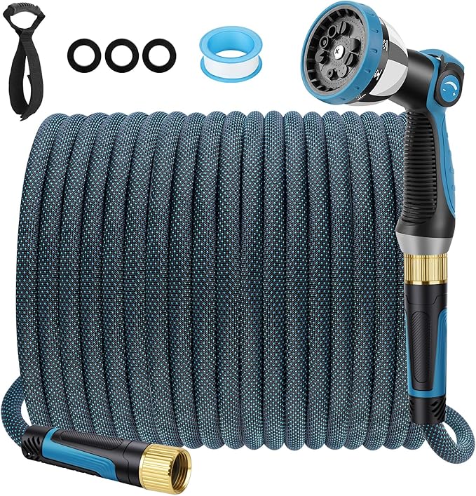 Non-Expandable Garden Hose 25 FT, Lightweight Hose with 10 Function Spray Nozzle, Kink-Free Flexible Water Hose, Durable, Leak-Proof, 360° Swivel Connectors, Portable Storage Strap