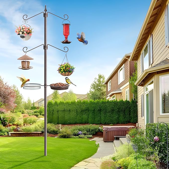 Bird Feeding Station Kit, 81 Inch, 4-Hook, Metal Birds Feeder Stand Pole with Bird Bath and Mesh Tray, Freestanding 5-Prong Base