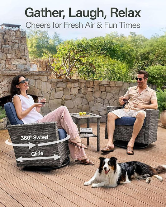Luxury 10-Piece Patio Furniture Set with 6-Inch Thick Cushions, Outdoor Couch and Swivel Rocker Chairs, Wicker Conversation Set for Porch, Deck, Yard, Pool in Blue