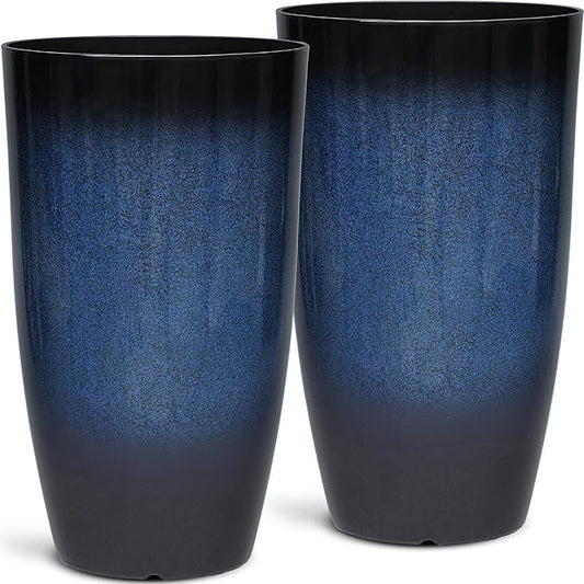 23.75" H Large Tall Outdoor Planters, Set of 2 Plastic Large Flower Pots for Outdoor Plants, with Gradient Cobalt Bule Finish, Weather-Resistant for Porch, Garden, Patio or Indoor Use
