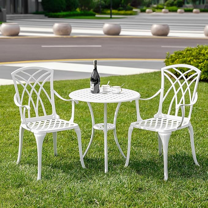 Cast Aluminum Bistro Table and Chairs Set of 2 with 1.97" Umbrella Hole,Weather Resistant 3 Piece Bistro Patio Set Outdoor Patio Furniture Set for Front Porch,Garden,Woven White