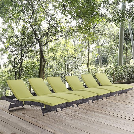 Modway Convene Wicker Rattan Outdoor Patio Chaise Lounge Chairs in Espresso Peridot - Set of 6