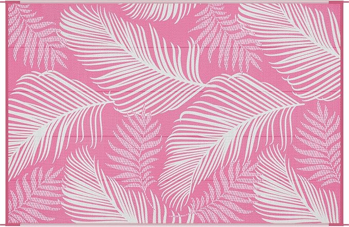 Pauwer Waterproof Outdoor Rug 6x9, Reversible Plastic Straw Patio Camping Rug, Indoor Outdoor RV Mat Carpet for Deck, Camper, Porch, Balcony, Backyard, Picnic, Leaf Pink