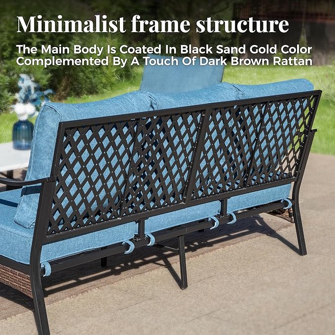 Patio Furniture Set with Firepit Table, Black Frame Outdoor Conversation Set with 2 x Swivel Chairs, 1 x 3-Seat Sofa for Lawn Garden Backyard, Navy Blue