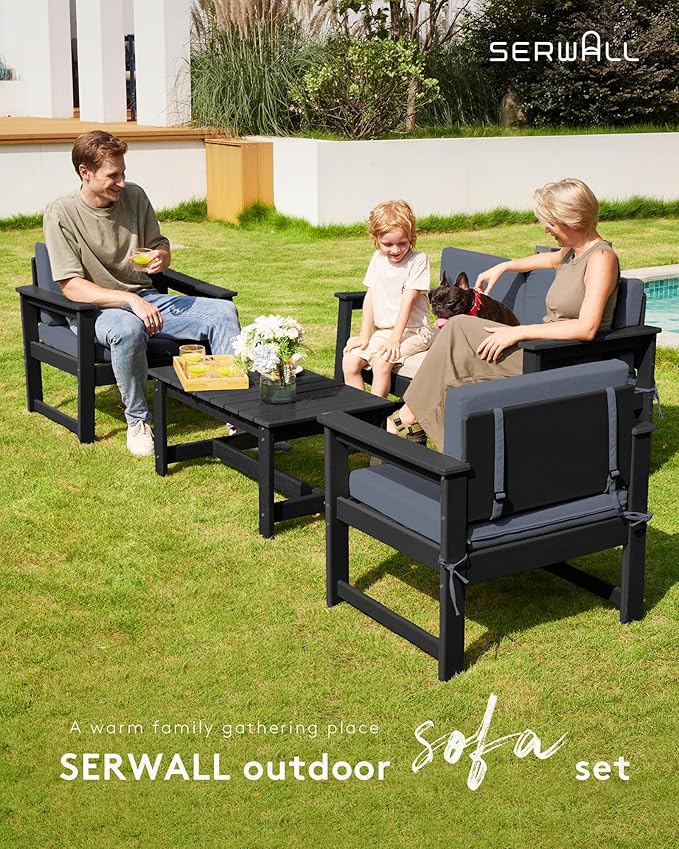 SERWALL 2 Pieces Single Cushioned Lounge Chair, Black HDPE Outdoor Adirondack Sofa Armchair with Grey Cushion