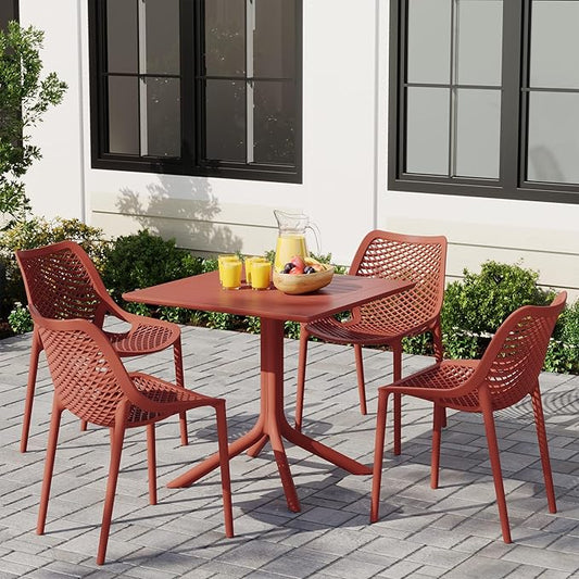 Costaelm 5 Piece Patio Dining Set, HDPE Patio Square Bistro Table and Stackable Chairs Sets for 4, Outdoor Furniture All Weather for Backyard Poolside, Red