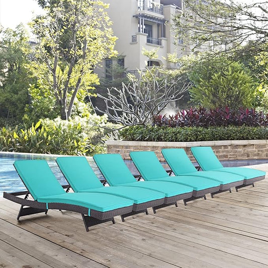 Modway Convene Wicker Rattan Outdoor Patio Chaise Lounge Chairs in Espresso Turquoise - Set of 6