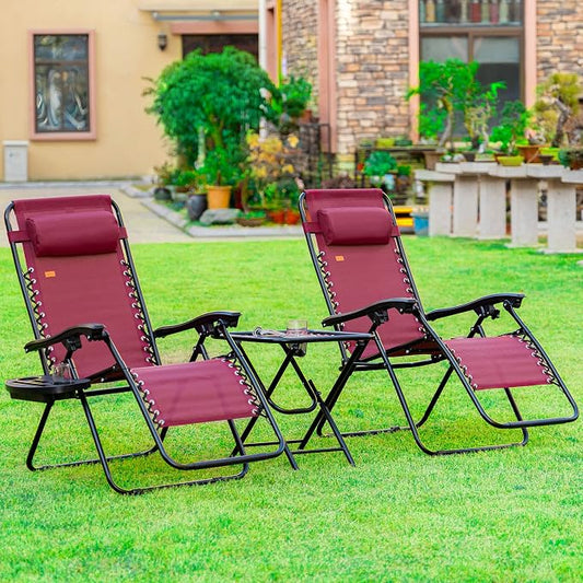 Outsunny Zero Gravity Chair Set with Side Table, Folding Reclining Chair with Cupholders & Pillows, Adjustable Lounge Chairs for Pool, Backyard, Lawn, Beach, Wine Red