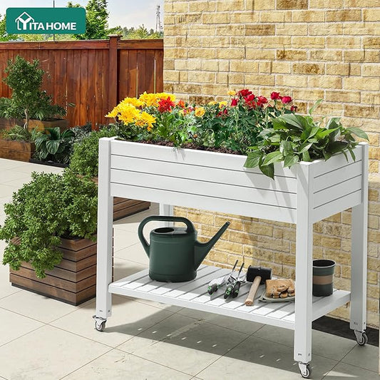 YITAHOME 43.3x17.7x34 in Elevated Garden Bed, Outdoor Plastic Planter Box with Wheels, Legs, Drain Plug, and Storage Shelf for Plants, Vegetables, Flowers, Herbs, Grayish-White