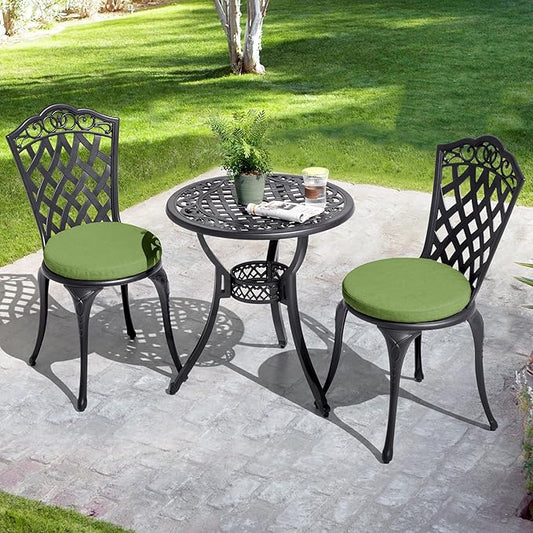 NUU GARDEN 3-Piece Outdoor Bistro Set, Cast Aluminum Patio Table and 2 Chairs with Green Cushions and Umbrella Hole, Weather-Resistant Furniture Set for Garden, Balcony, Porch, Black