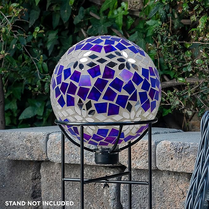 Alpine Corporation HMD218 Mosaic Gazing Globe with Mirrored Floral Pattern Decoration for Garden, Patio, and Lawn, 12" H