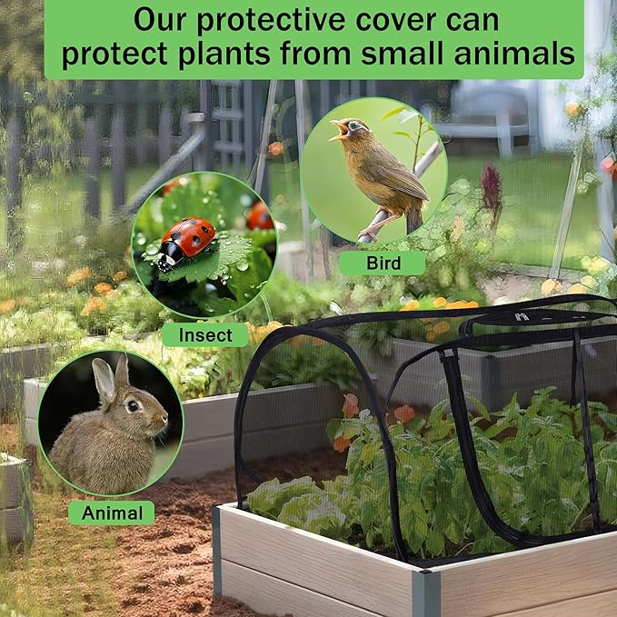 Plant Covers for Raised Garden Bed, Pop Up Garden Cover with Top Window & 8 Stakes, Protects Seedlings, Fruits & Vegetables from Birds & Small Animals