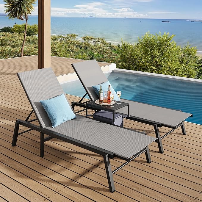 Brafab Outdoor Lounge Chair Set - 3 Pieces Aluminum Patio Chaise Chairs Set, Pool Loungers with Side Table & Insulated Cooler Bag, Adjustable Backrest Beach Chair for Poolside Garden Lawn Deck, Grey