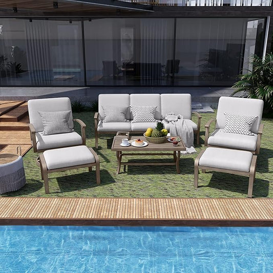 HAPPATIO 6 Piece Aluminum Patio Furniture Set, 3-Seat Outdoor Couch with Ottomans and Swivel Armchairs, All-Weather Outdoor Sectional Sofa with Comfortable Cushions and Coffee Table(Gray)