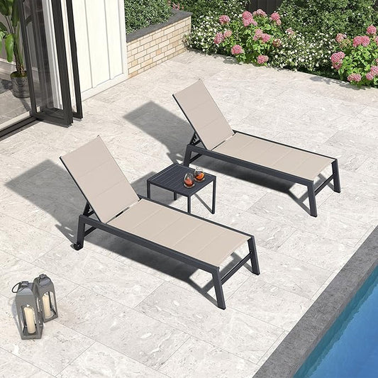 PURPLE LEAF Outdoor Patio Chaise Lounge Set of 2 Aluminum Lounge Chair with Wheels and Side Table Pool Chaise Chair for Outdoor Garden Poolside Beige