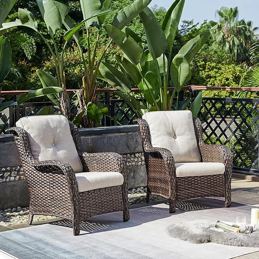 Rilyson Outdoor Wicker Patio Chairs Set of 2: Rattan Dining Chairs Porch Chairs Outdoor Club Chairs with high Back and Deep Seating (Brown/Beige)