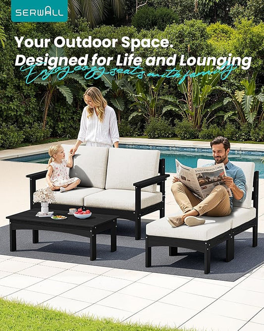 SERWALL 5-Piece Patio Sofas with 15FT Double Side Patio Umbrella, All-Weather HDPE Outdoor Sectional Sofa, Large Modular Patio Conversation Set for Garden, Deck, Porch, Black Frame with Khaki Cushion