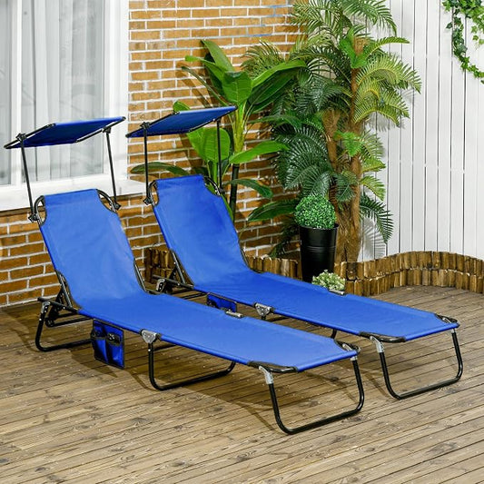 Outsunny Folding Chaise Lounge Chairs Outdoor Set of 2 w/Canopy Blue | Sun Tanning Chairs, Reclining Back, Steel Frame, Side Pocket, for Outside Beach Yard Patio Pool