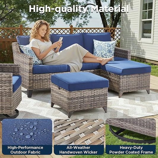 Buenhomino 3 Pieces Patio Furniture Sofa Set-Outdoor Wicker Patio Furniture Covered Couch with Multifunctional Ottoman and All-Weather Patio Conversation Set for Backyard Porch Garden Grey/Blue