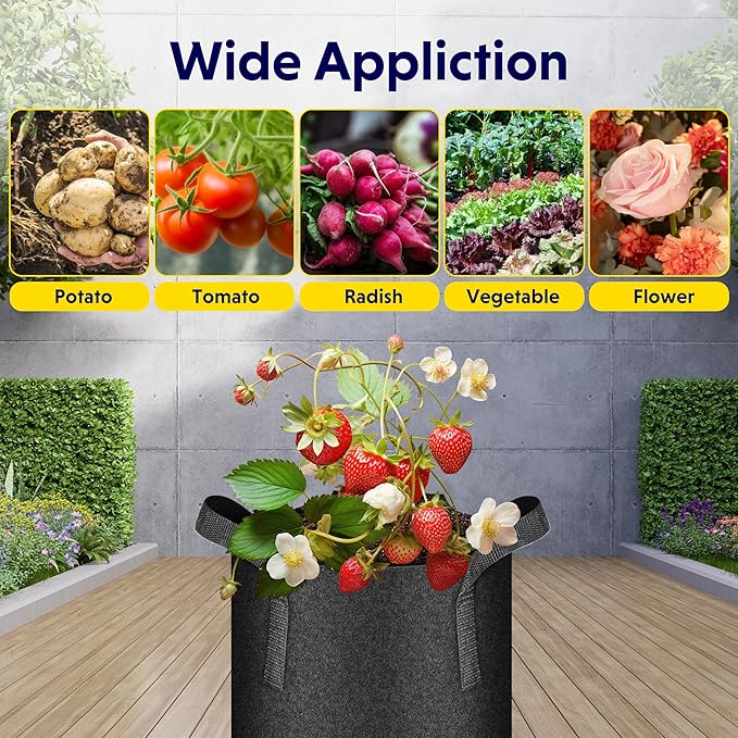iPower 5-Pack 5 Gallon Plant Grow Bags Thickened Nonwoven Aeration Fabric Pots Heavy Duty Durable Container, Strap Handles for Garden, Black