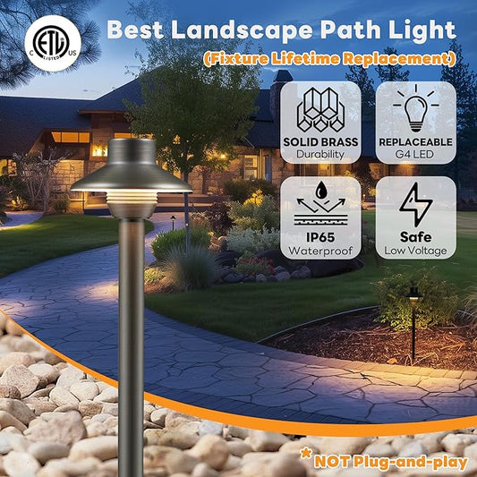 Gardenreet Outdoor Path Lights Brass, LED Landscape Pathway Light, Low Voltage Driveway Lamp Waterproof, Mini Shade 12V Wired Bronze for Walkway Sidewalk Without G4 Bulb 6 Pack
