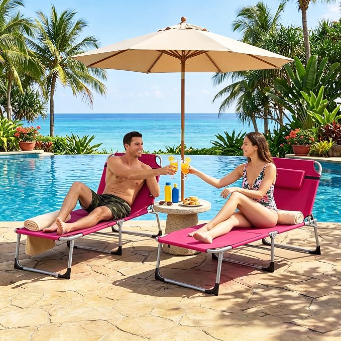 Giantex Tanning Chair, 330Lbs Patio Lounge Chair with 5 Adjustable Position, Face & Arm Hole, Hand/Shoulder Strap, Removable Pillow, Side Pocket, Chaise Lounger for Beach Sunbathing Outdoor, Pink