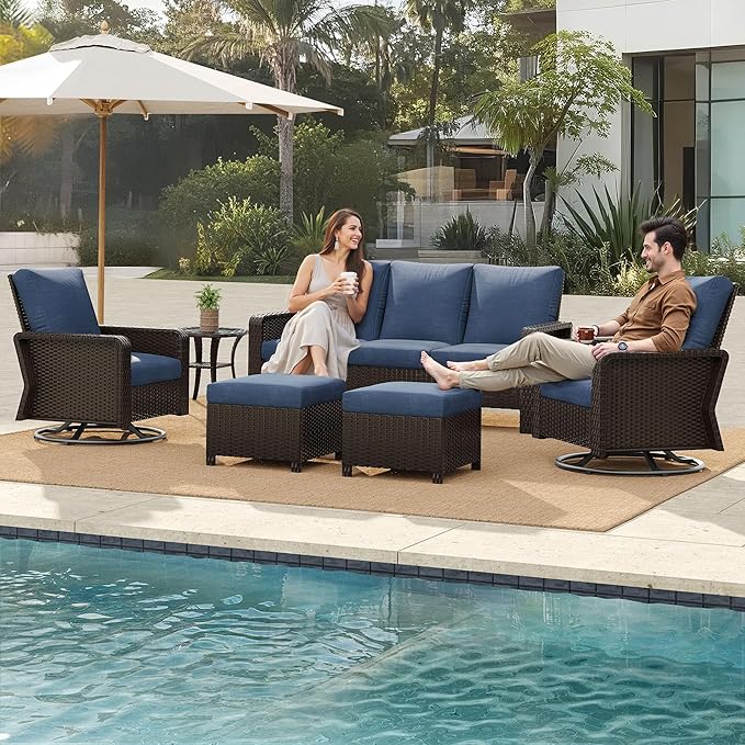 6 Piece Patio Furniture Set,Outdoor Conversation Set with Swivel Rocker Chairs, 3-Seat Sofa, Ottomans and Side Table, Modern Rattan Couch Set for Garden, Deck, Balcony, Navy Blue