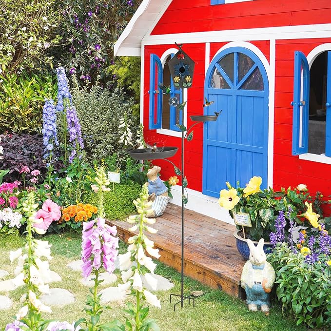 Metal Bird Bath Feeder and Bird House on Pole, 69.5" H Free Standing Bird Houses, Tall Cast Iron Bird Baths with 5-Prong Stake, Stylish Birdhouse with Birdbath Bowl for Outdoors Garden Yard Decor