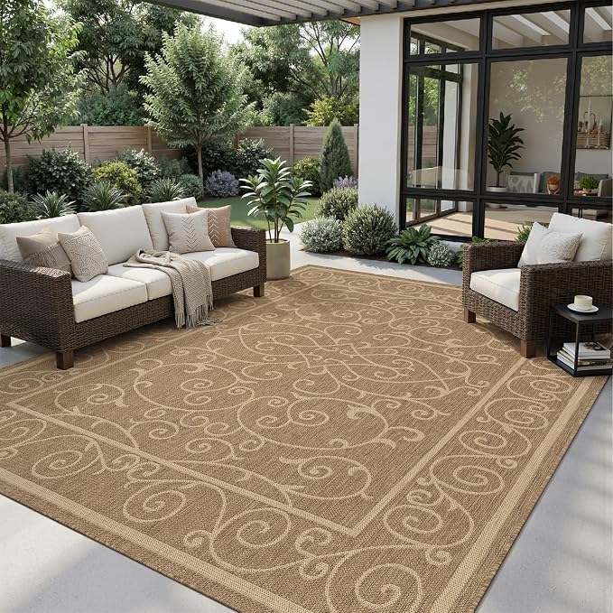 MontVoo-Outdoor Rug-Patio Rug 5x7 ft Polypropylene Indoor Outdoor Rugs Outdoor Carpet for Patio Deck Balcony Porch, Textured Weave, Durable for High Traffic, Fade-Resistant, Vintage Neutral Brown