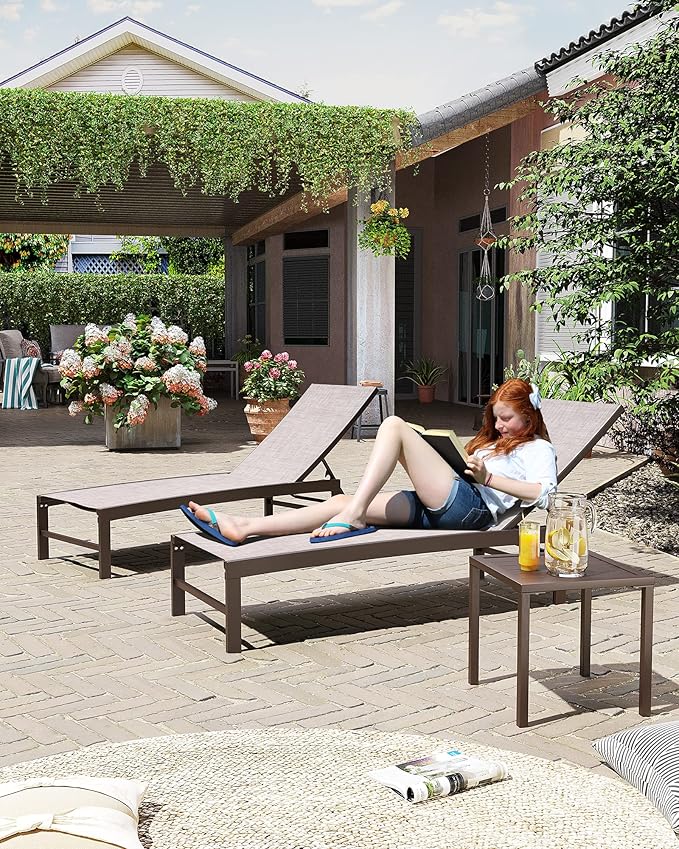 Crestlive Products 2PCS Chaise Lounge Chairs Outdoor with 1PC Side Table, Aluminum Patio Lounge Set, Adjustable Five-Position Recliner for Beach, Pool, Sunbathing, Lawn, Yard