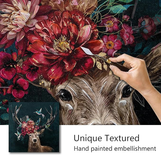 JolyWell Deer Canvas Wall Art With Flowers, Animal Prints for Living Room Bedroom Office, Wildlife Hunting Artwork Decorations, 24x24 Ready to Hang