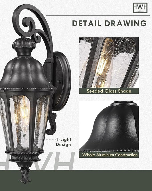 Outdoor Wall Sconce, HWH 23'' Large Exterior Wall Lights with Seeded Glass, Wall Lamp Waterproof Antique Wall Lantern for Porch Patio Garage Entryway, 5HW90B-M BK
