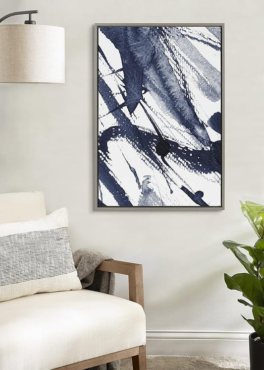 Kate and Laurel Sylvie Indigo Watercolor Framed Canvas Wall Art by Amy Peterson Art Studio, 23x33 Gray, Decorative Abstract Art Print for Wall
