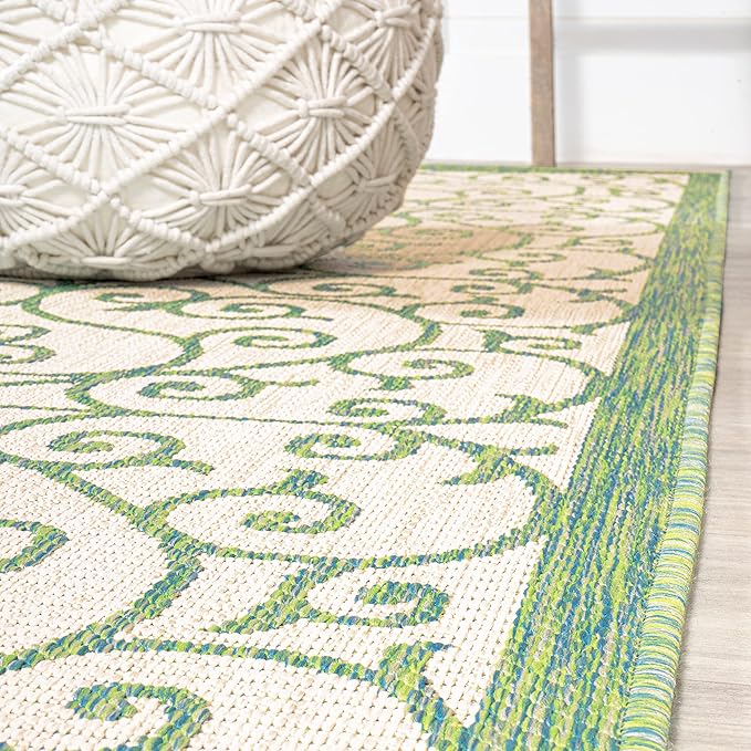 JONATHAN Y Vintage Filigree Indoor Outdoor Runner Rug 2X8 Cream/Green, Madrid Textured Weave for Backyard, Patio, Porch, Easy-Cleaning, High Traffic, Pet-Friendly, Non-Shedding (SMB107J-28)
