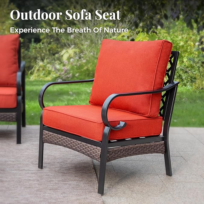 Patio Furniture Set with Firepit Table, Black Frame Outdoor Conversation Set with 2 x Fixed Chairs, 1 x 3-Seat Sofa for Lawn Garden Backyard, Red