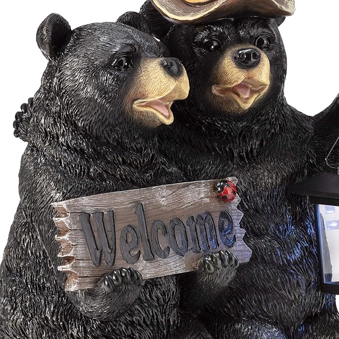 Alpine Corporation 15" H Outdoor Bear Couple with Lantern and Welcome Sign Statue with Solar LED Lights, Black