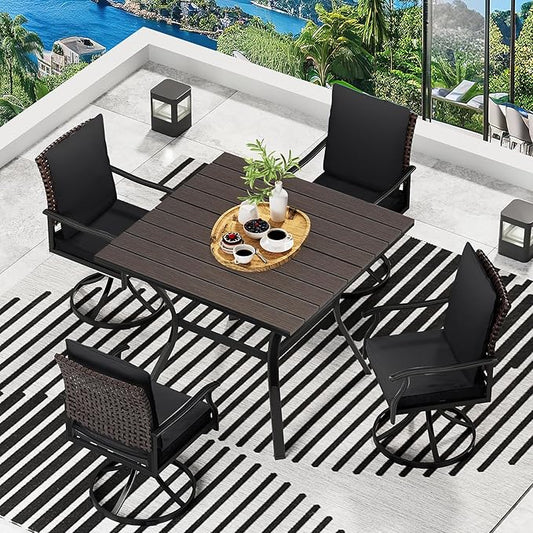 LEVELEVE 5 Piece Outdoor Patio Dining Set with 4 Swivel Dining Chairs & 1 Large Round Dining Table,Bistro Furniture Set for Lawn, Garden, Deck, Backyard and Porch