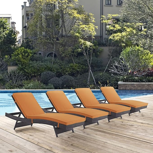 Modway Convene Wicker Rattan Outdoor Patio Chaise Lounge Chairs in Espresso Orange - Set of 4