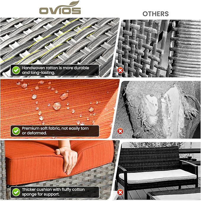 ovios 7 Pieces Patio Furniture Set, Outdoor Wicker Sofa Couch with Rocking Swivel Chairs Fire Pit Table, Modern Deep Seat Rattan Conversation Sets for Porch Deck, Grey